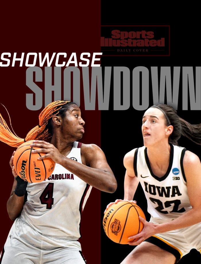 Image titled SHOWCASE SHOWDOWN featuring South Carolina’s Aliyah Boston and Iowa’s Caitlin Clark.